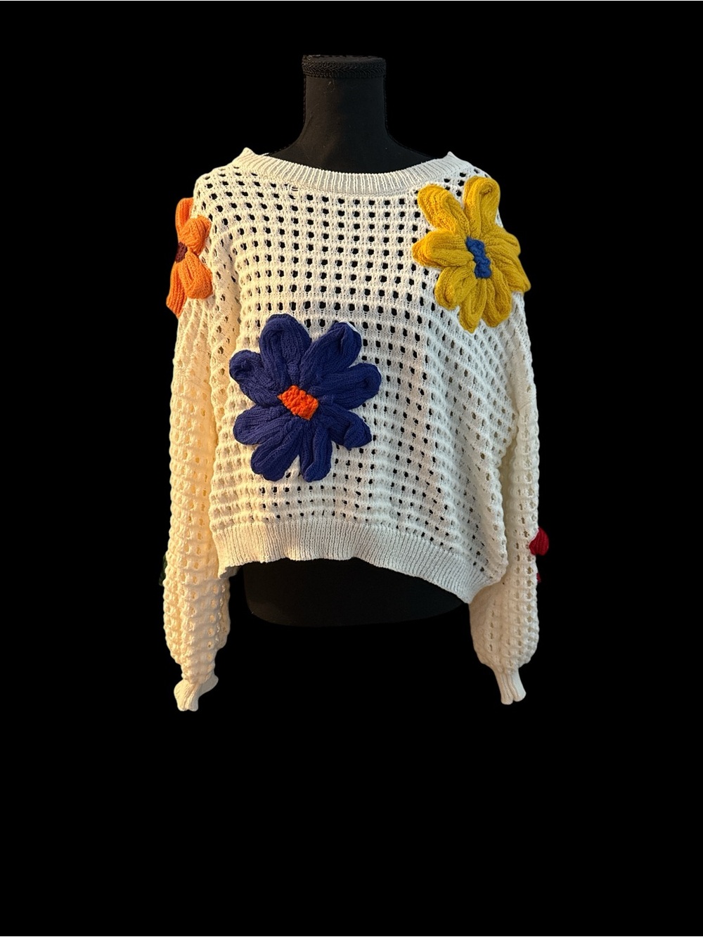 Zenana Women's Cream Crochet Pullover Sweater with Colorful Floral Appliqués